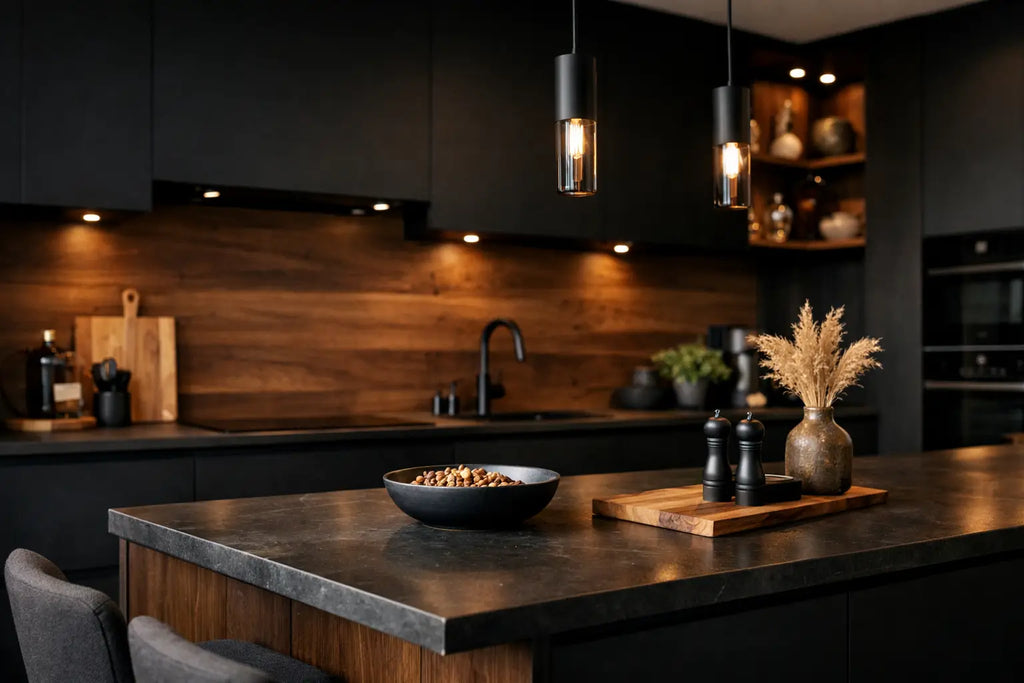 Donkere keuken met hout: warm en strak