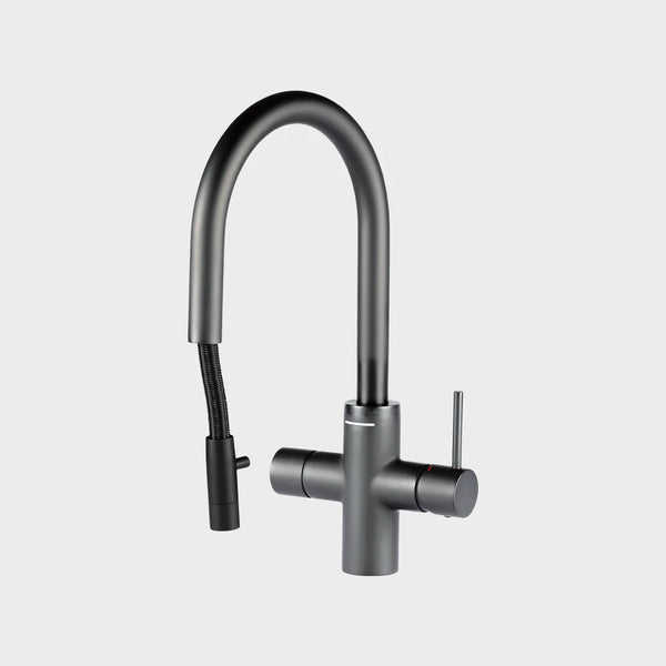 Unito Lava G3 4,3L Gun Metal pvd kokendwaterkraan – Cosmos pulloutkraan- modern comfort, direct kokend, warm, koud en gefilterd water.