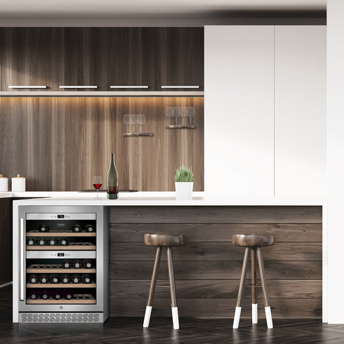 WineChef Pro 40 (2 zones): wijnklimaatkast uit de WineChef Pro‑lijn, 59.5 x 82.5 x 57.5 cm. Wi‑Fi bediening en UV‑glas.